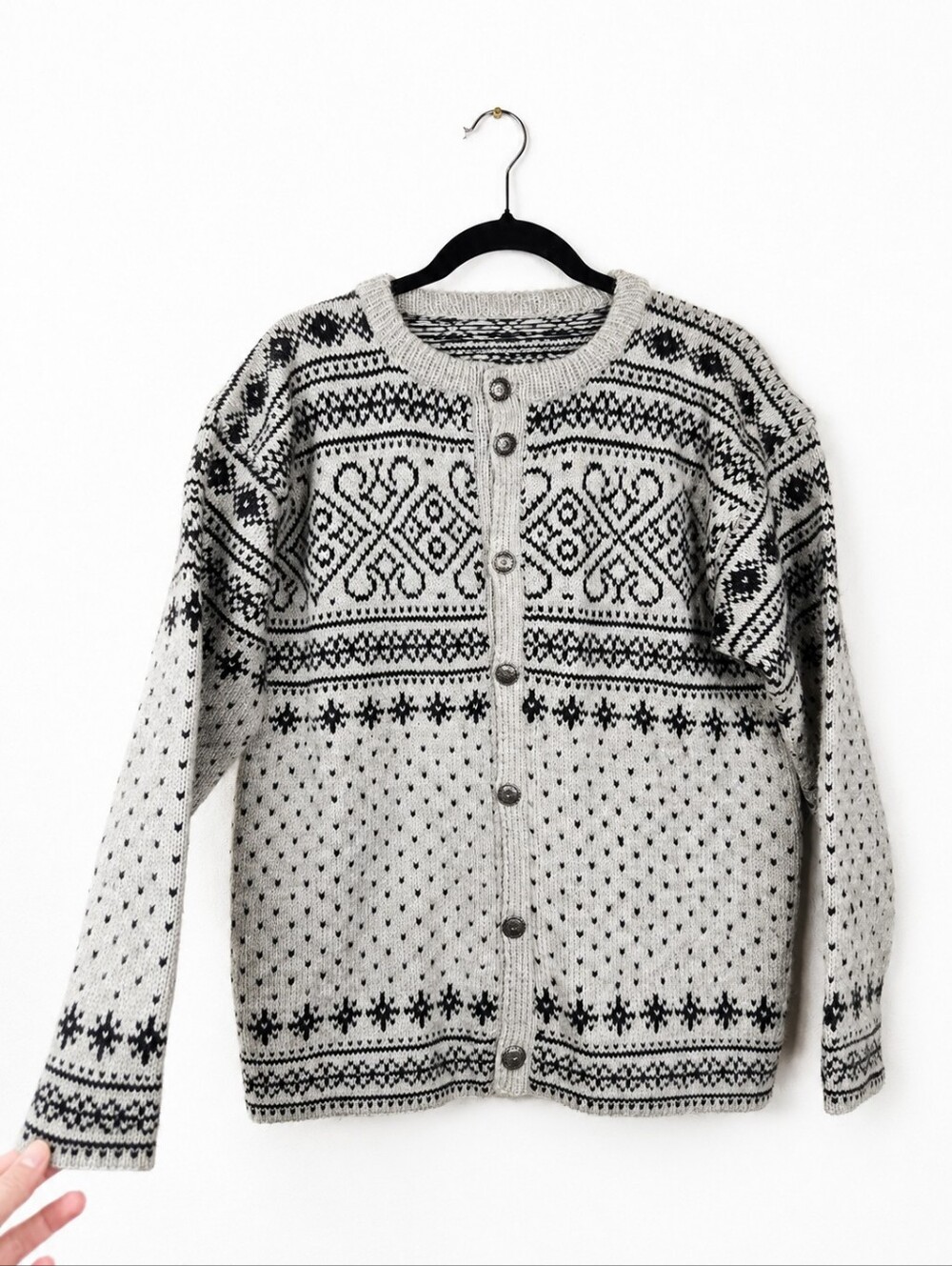 Vintage Handmade Norwegian Style Wool Cardigan Fair Isle Nordic L/XL Cozy